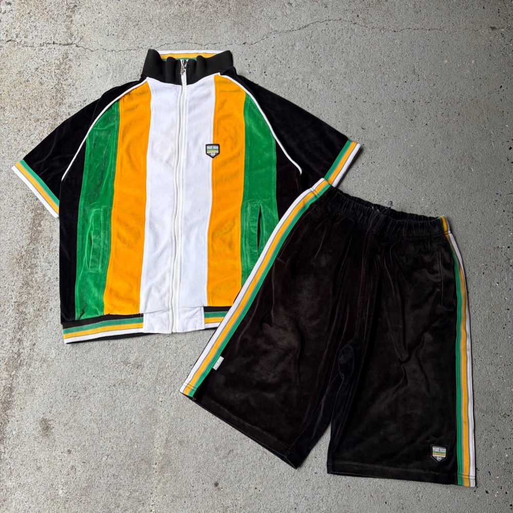 Phat Farm Mens Velour Tracksuit Set Short Sleeve Jacket Shorts Black Green L